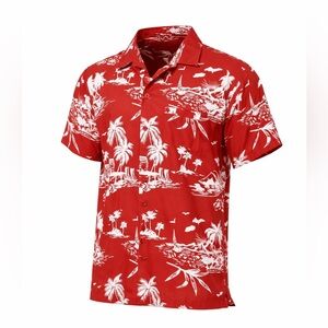 La Leela Men's Hawaiian Button-Up Shirt Red/White Tropical Palm Vacation Sz XL